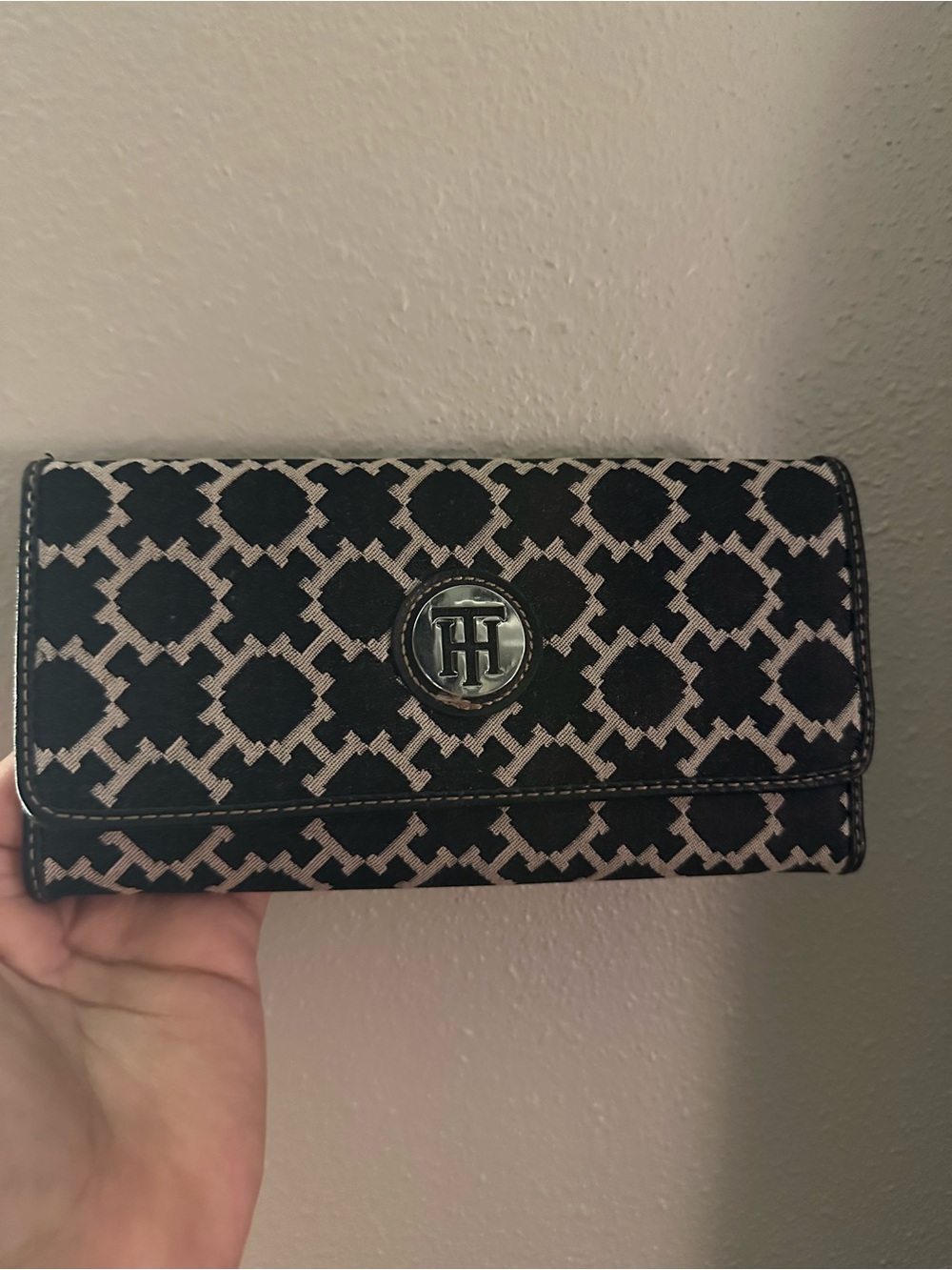 Tommy Hilfiger Black and Beige Monogram Card Holder Wallet